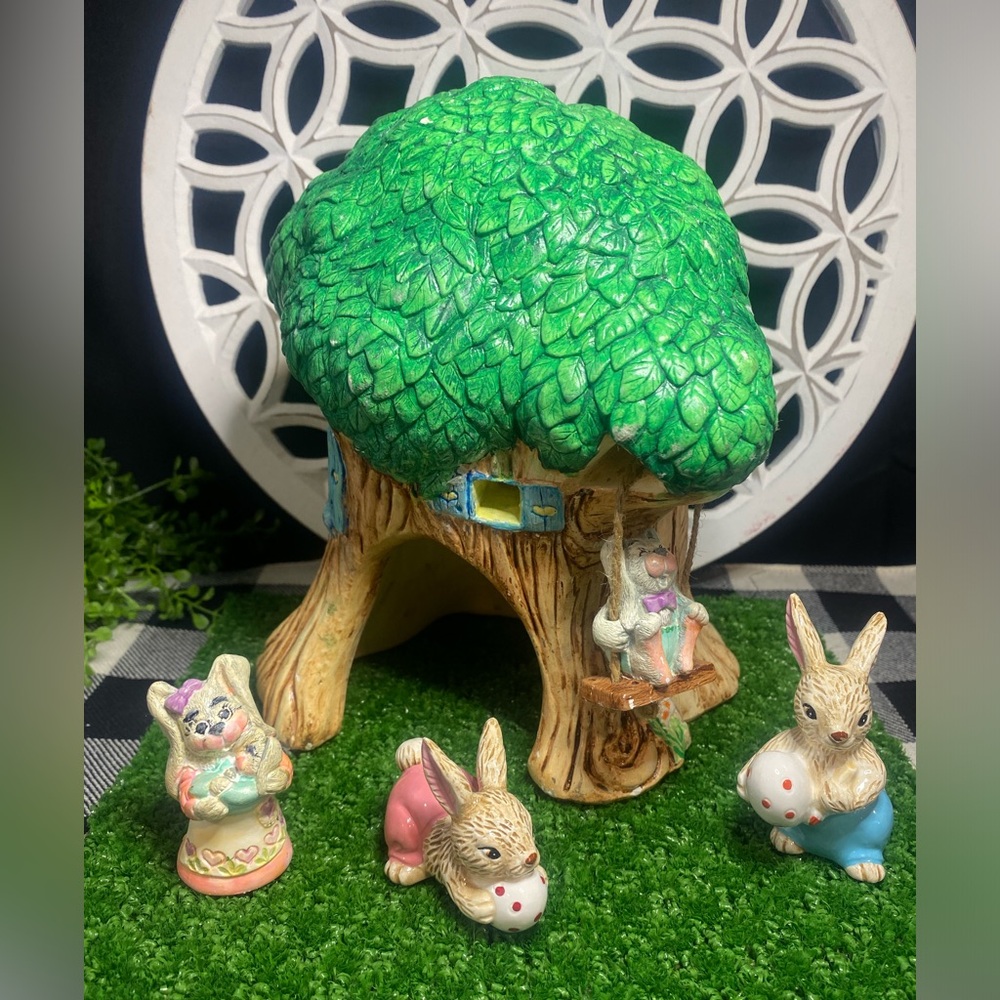 Vintage Whimsical Ceramic Bunny Tree‎ House Figurine Set
